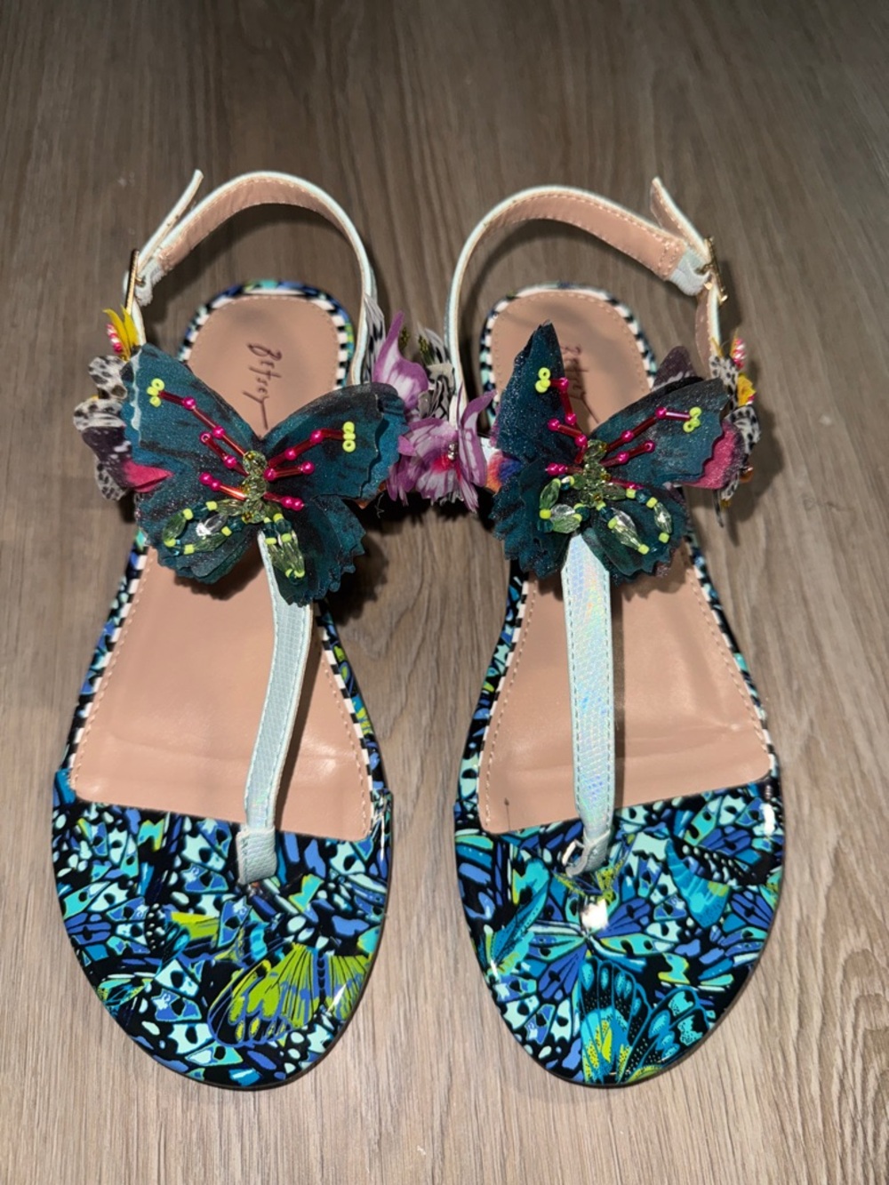 Betsey Johnson Teal & Blue Butterfly Embellished T-Strap Sandals